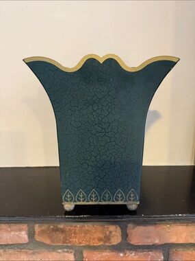 Decorative Teal Crackle Metal Vase/ garbage pail with Gold Trim